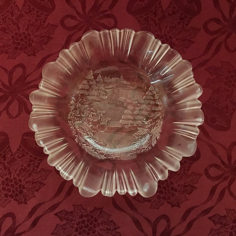 Vintage Mikasa Etched Frosted Crystal Bowl Holiday Classic Winter Scene